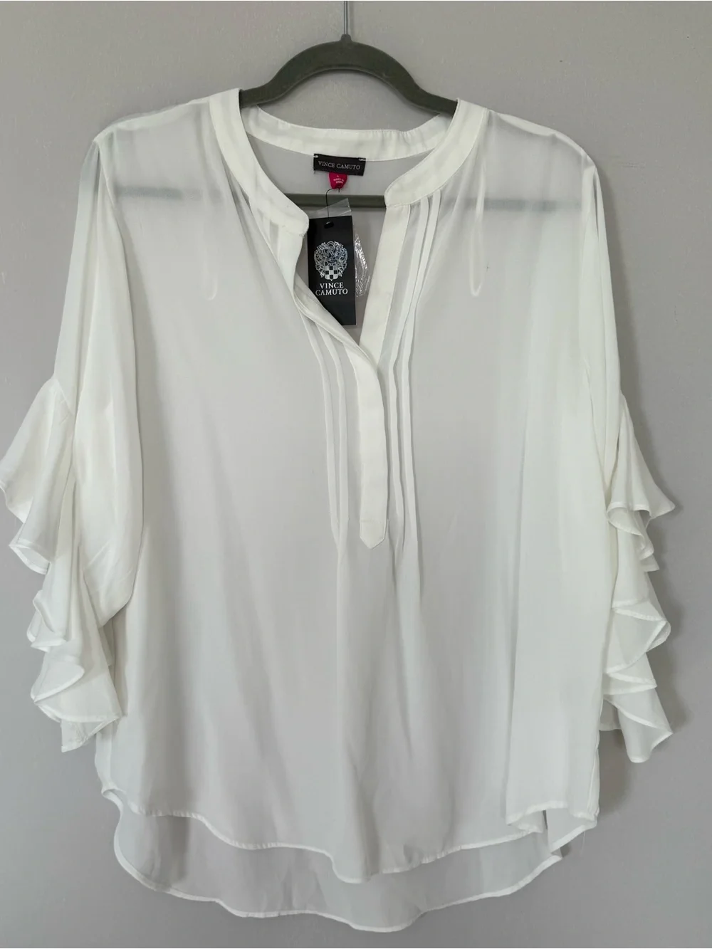 Chic Vince Camuto White Ruffle Sleeve Split-Neck Blouse Women Size L